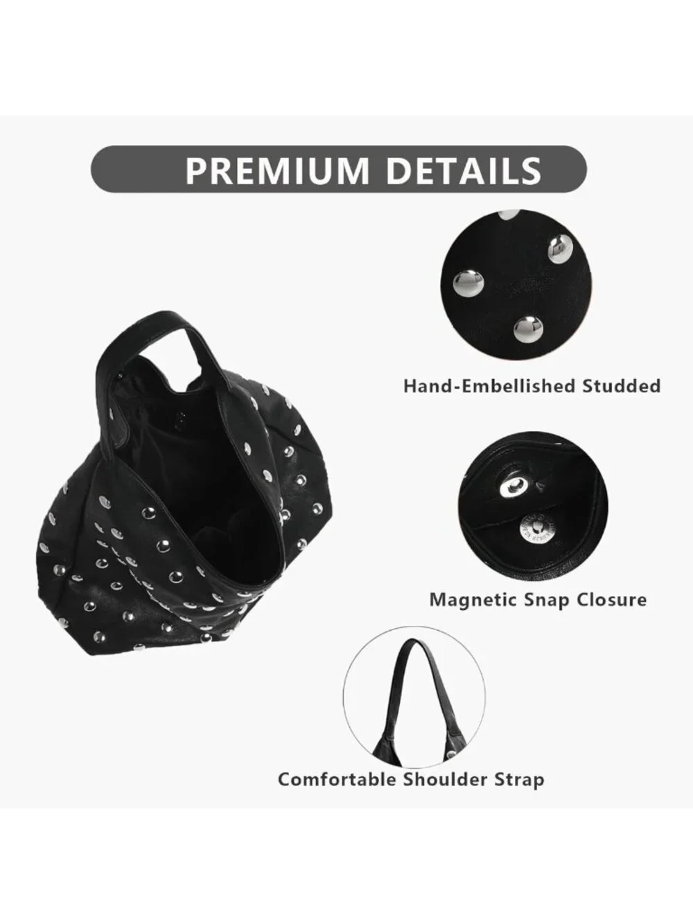 Edgy Vegan Leather Studded Tote Bag | Oversized Slouchy Hobo, Large Capacity